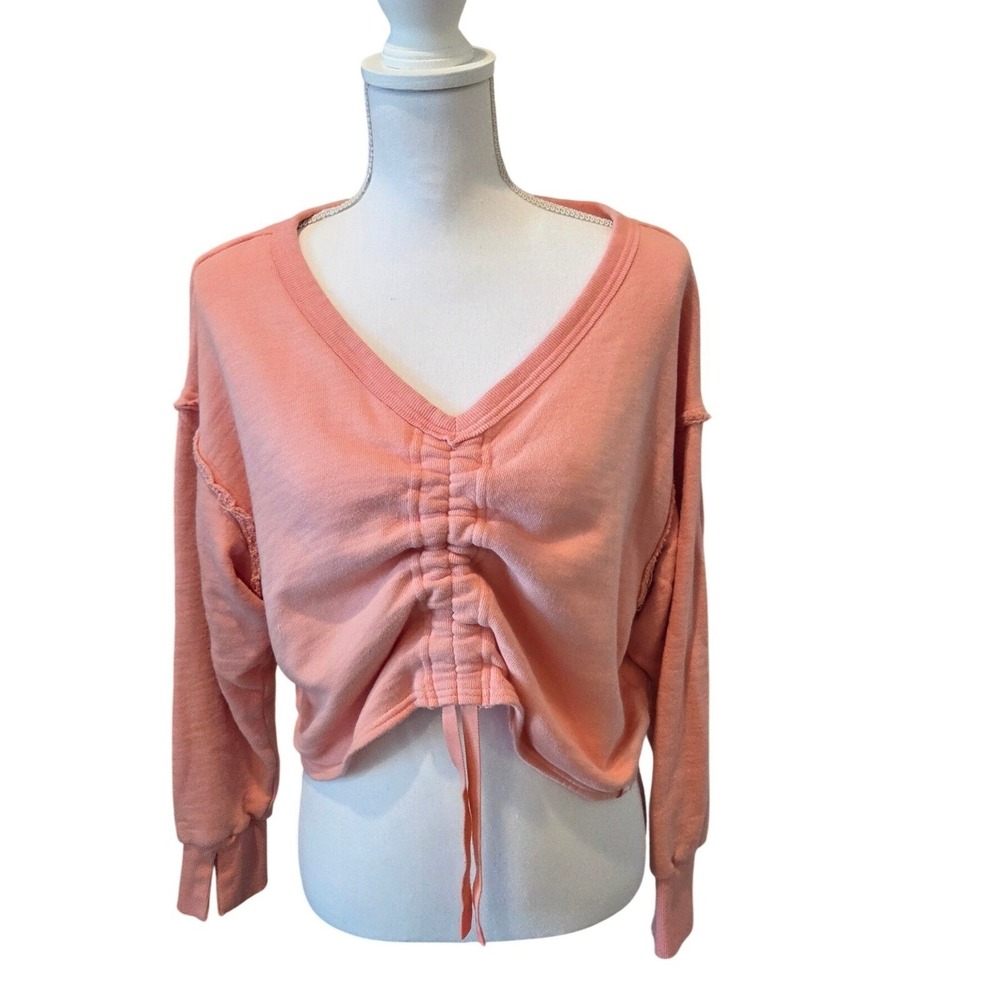 Joy Lab Coral Pink V Neck Ruched Drawstring Cropped Sweatshirt Size S